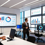 ** A modern, brightly lit office space with accountants working on computers. One accountant is presenting a financial report to a group of executives in a meeting room with large screens displaying charts and graphs. The overall impression should be professional, tech-forward, and collaborative. The scene shows the use of ERP systems, AI, and data analytics in a contemporary accounting environment.

**