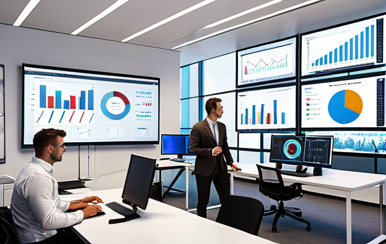 ** A modern, brightly lit office space with accountants working on computers. One accountant is presenting a financial report to a group of executives in a meeting room with large screens displaying charts and graphs. The overall impression should be professional, tech-forward, and collaborative. The scene shows the use of ERP systems, AI, and data analytics in a contemporary accounting environment.
**
