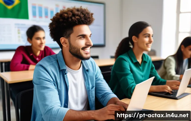 전산세무회계 자격증과 회계사 자격증 비교 - A modern Brazilian classroom scene showing diverse adult students engaged in a practical accounting ...