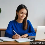 전산세무회계 실무 경험이 없는 사람의 취업 - A young professional woman studying accounting online at home, surrounded by textbooks and a laptop ...