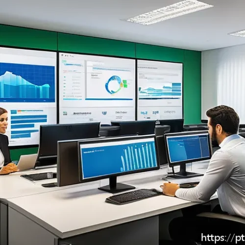 전산세무회계 직무 면접 질문 예상 - A modern Brazilian office environment with a diverse team of professionals analyzing digital tax doc...