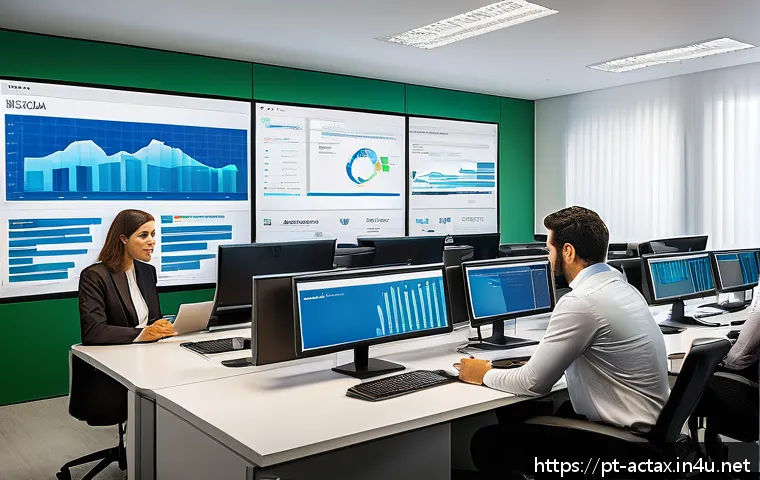 전산세무회계 직무 면접 질문 예상 - A modern Brazilian office environment with a diverse team of professionals analyzing digital tax doc...