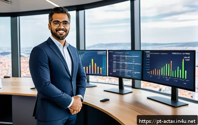 전산세무회계 자격증으로 업그레이드된 커리어 - A professional Portuguese accountant in smart business attire, confidently working at a modern offic...