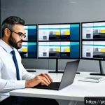 전산세무회계 최신 시험 동향 - A modern office scene showing a professional accountant at a sleek desk with multiple digital screen...