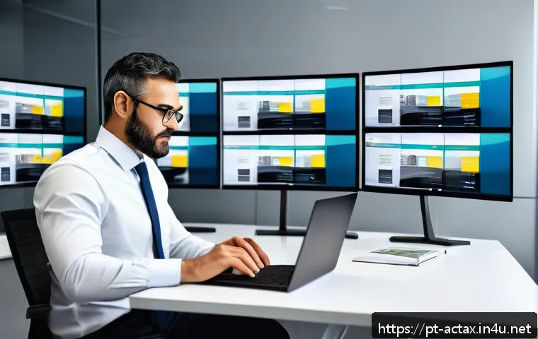 전산세무회계 최신 시험 동향 - A modern office scene showing a professional accountant at a sleek desk with multiple digital screen...